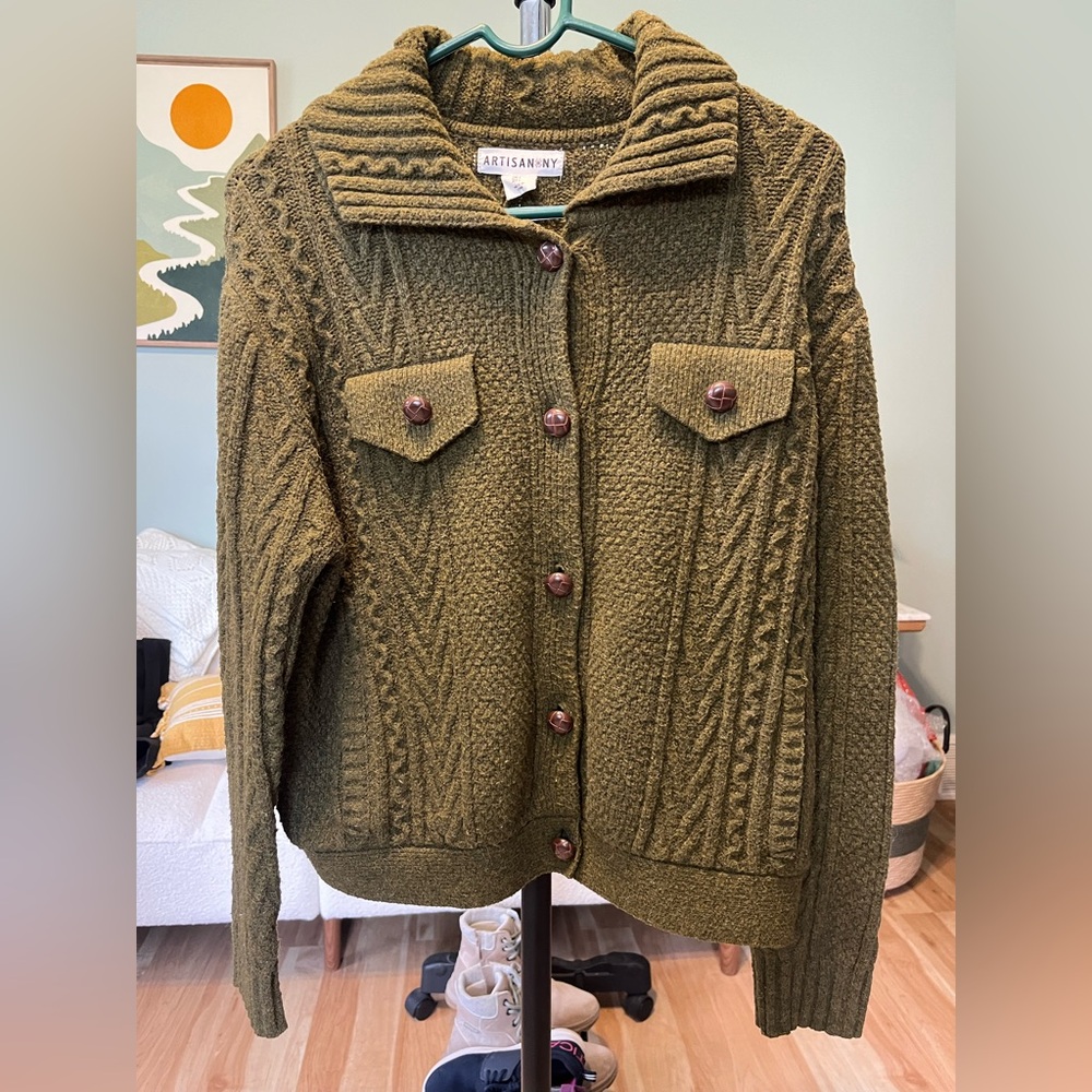 Artisan NY Olive Cable Knit Button-Up Cardigan